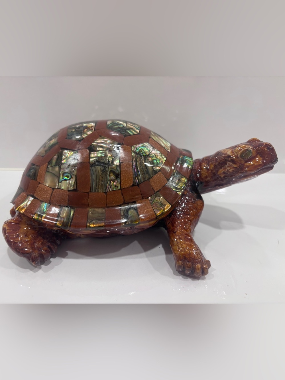 Abalone Mosaic Turtle Figurine - Brown and Iridescent